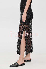 Gorgeous Flower Embellished Sequin Sheer High Rise Slit Midi Skirt