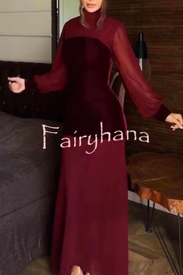 Hildie Chiffon and Two-piece Velvet Lace-up Bra High Neck Long Sleeve Maxi Dress