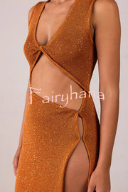 Beautiful Figure Shiny Knit Fabric Cutout Side Slit Stretch Vacation Maxi Dress