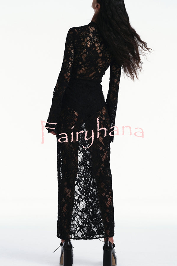 Garcelle Floral Lace Lace-up Long Bell Sleeve Slit Midi Dress