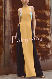 Fashionable Contrast Color Stitching Sleeveless Slim Maxi Dress