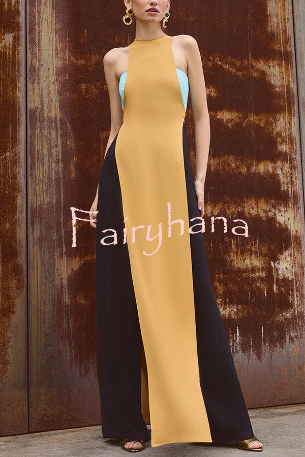 Fashionable Contrast Color Stitching Sleeveless Slim Maxi Dress