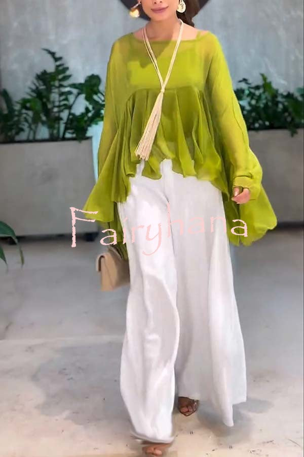 Romantic Journey Chiffon Ruffle Batwing Sleeve Top and Elastic Waist Pocket Loose Pants Set