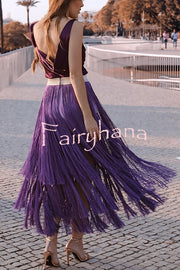 Elegant Tassel Hem Elastic Waist Casual Maxi Skirt