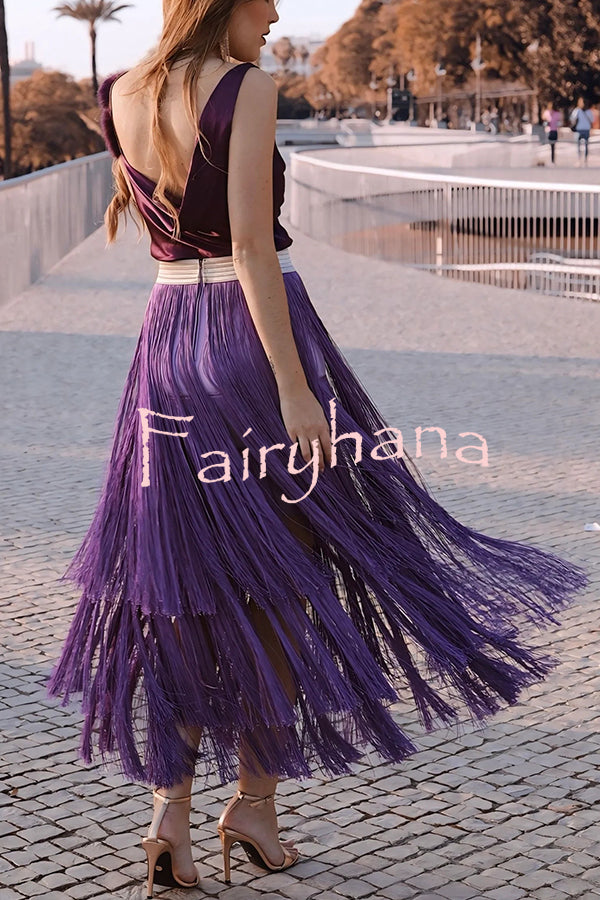 Elegant Tassel Hem Elastic Waist Casual Maxi Skirt