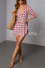 Ashroot Plaid Button Up Wrap Tie Long Sleeve Shirt Mini Dress
