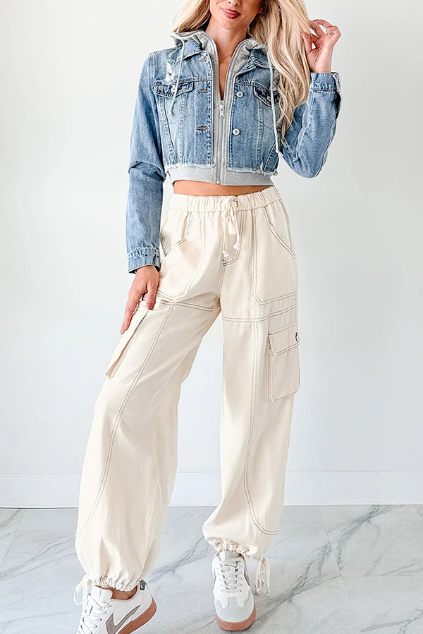 Fashionable Patchwork Hooded Casual Long-sleeved Denim Jacket