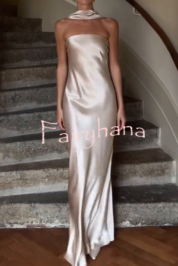 Satin Solid Color Elegant Strapless Slim Maxi Dress