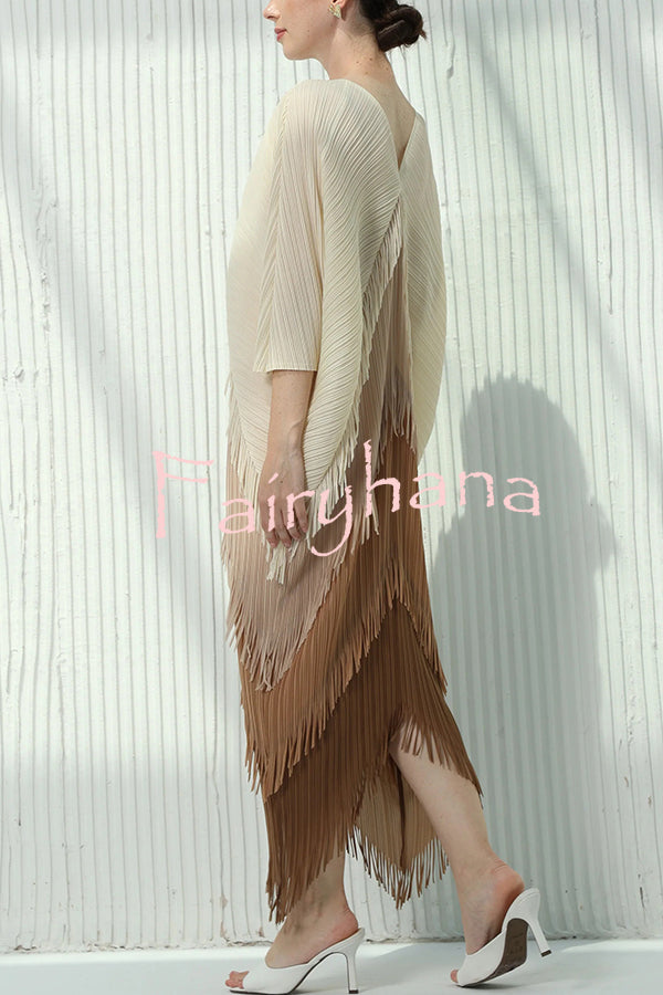 Fashionable Color-blocked Multi-layered Tassel Loose Midi Dress