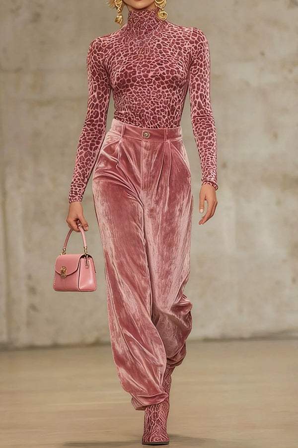Velvet Leopard Print Turtleneck Long-sleeved Fitted Top