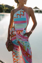 Kathy Unique Print Halter Scarf Tank and Elastic Waist Pocket Loose Pants Set