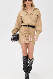 Soraya Epaulette Button Design Long Sleeve Ruched Hem Shirt Mini Dress