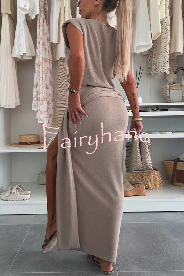 Comfortable Stylish Round Neck Sleeveless Casual Top and Elastic Waist Ruched Tie Slit Midi Skirt Set