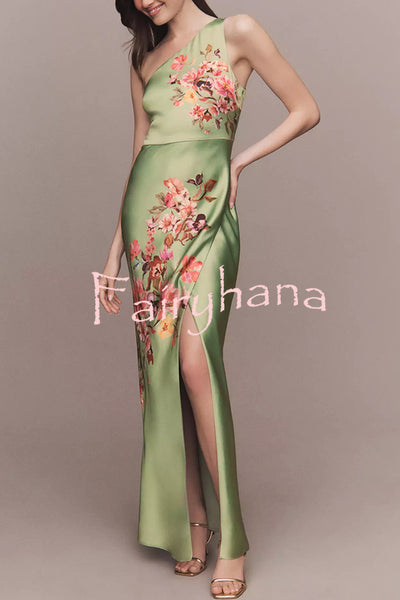 Wedding  Guest Satin Floral Print One Shoulder Side Slit Maxi Dress