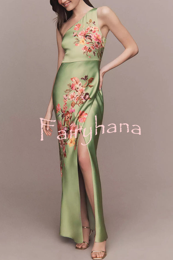 Wedding  Guest Satin Floral Print One Shoulder Side Slit Maxi Dress