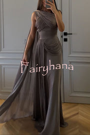 Solid Color Satin Sleeveless Waist Elegant Pleated Ribbon Maxi Dress