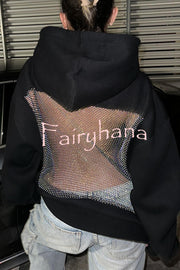 Fashionable Shiny Mesh Hollow Back Loose Long-sleeved Hooded Sweatshirt