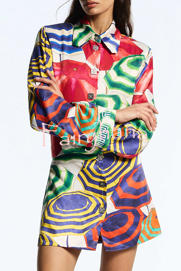 Elouise Satin Color Block Art Print Long Sleeve Button Back Elastic Waist H-line Mini Dress
