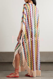 Mezcal Knit Colorful Zigzag Pattern Tassle Trim Loose Kaftan Maxi Dress