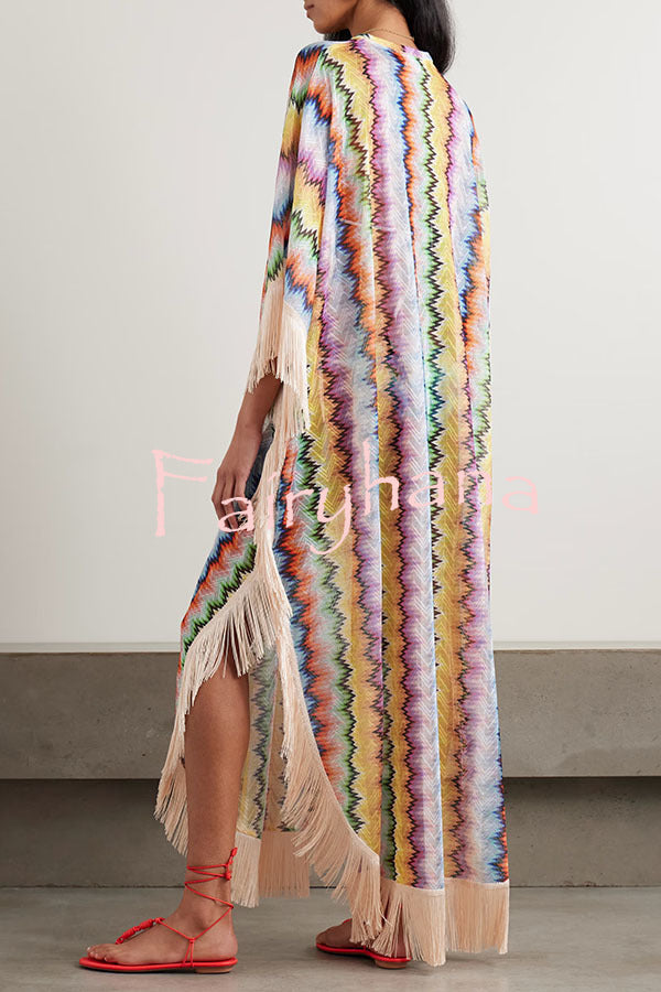 Mezcal Knit Colorful Zigzag Pattern Tassle Trim Loose Kaftan Maxi Dress