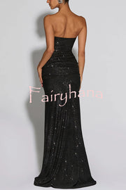 Paula Sequined Mesh and Jersey Off Shoulder Ruched Knot Drape Shawl Maxi Dress