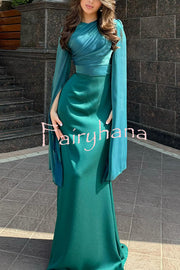 Liora Ruched Organza and Satin Patchwork Design Long Bell Slit Sleeve Maxi Dress