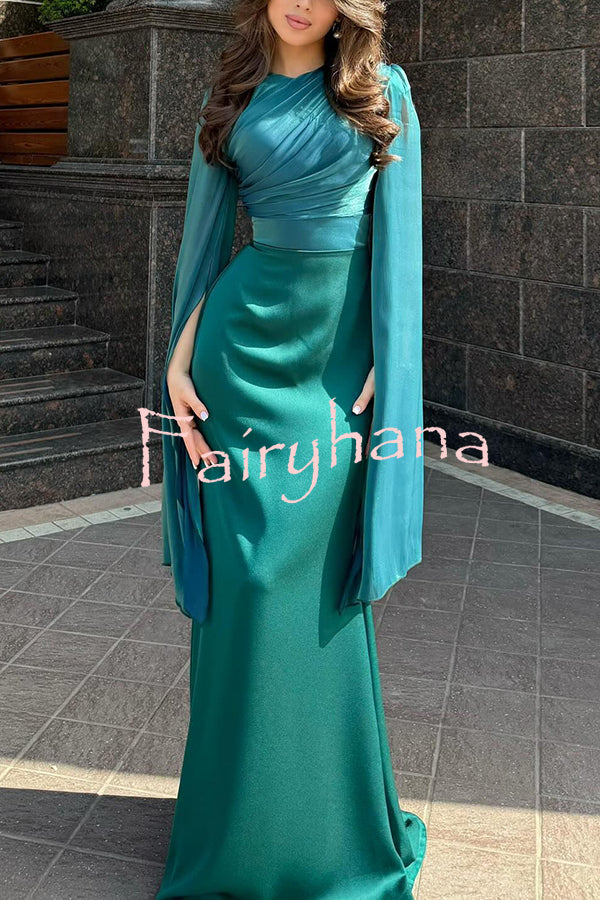 Liora Ruched Organza and Satin Patchwork Design Long Bell Slit Sleeve Maxi Dress