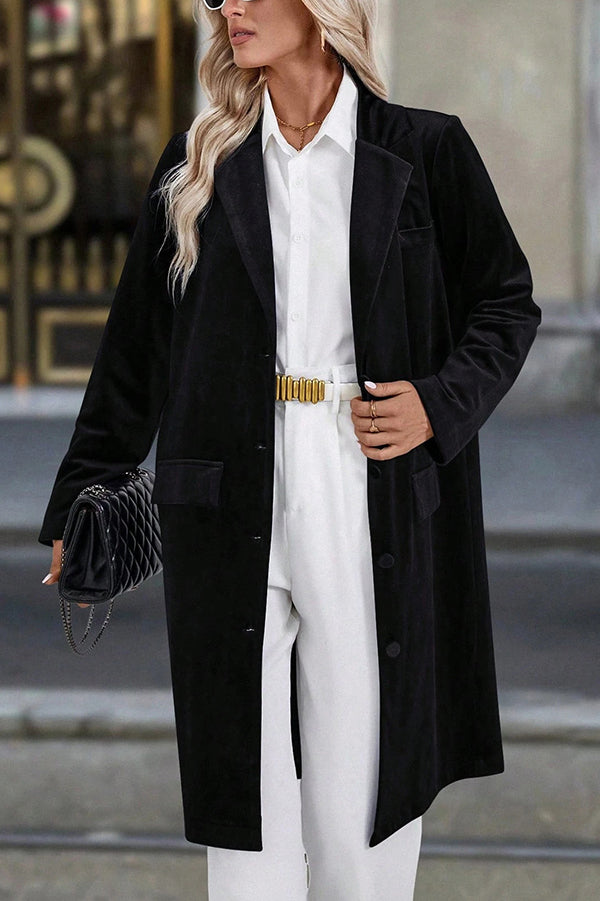 Solid Color Velvet Lapel Long-sleeved Casual Button Mid-length Coat