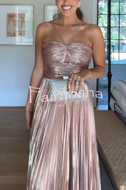 Make A Toast Metallic Fabric Cross Neck Cutout Slit Pleated Maxi Dress