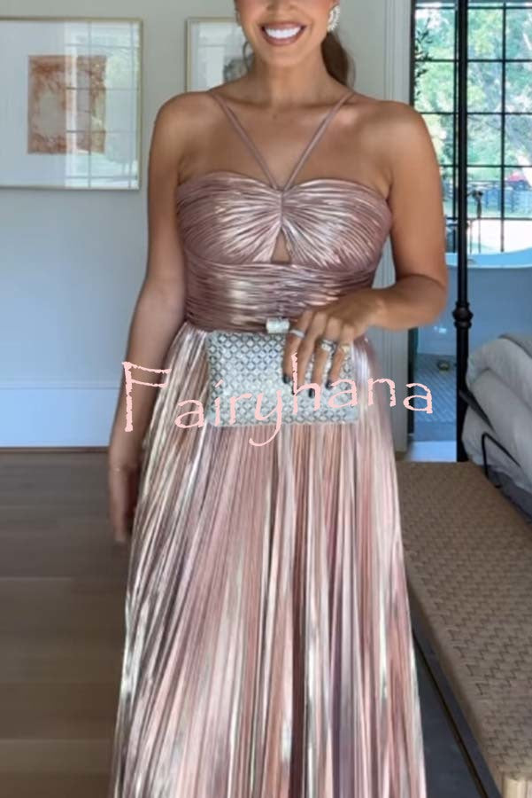 Make A Toast Metallic Fabric Cross Neck Cutout Slit Pleated Maxi Dress