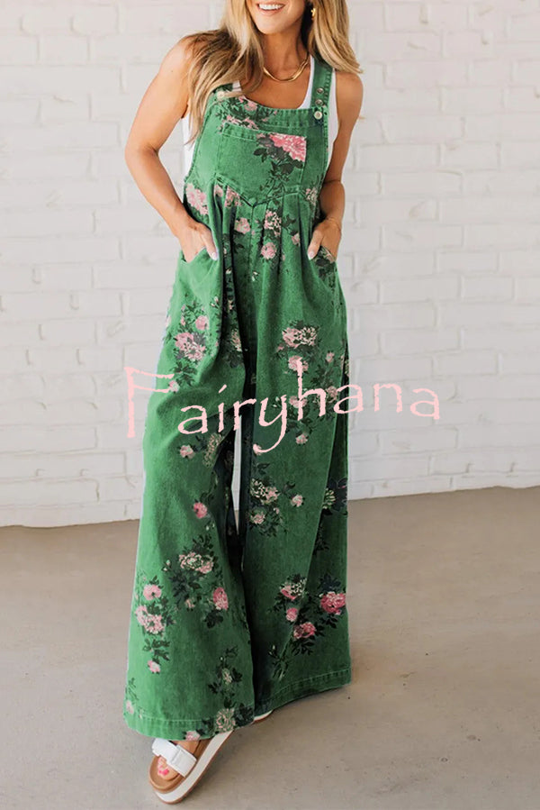 Fashion Floral Print Casual Button Pocket Loose Denim Overalls