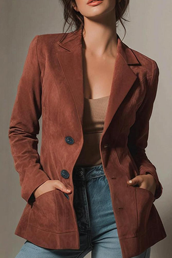 Fashion Lapel Long Sleeve Casual Pocket Suede Blazer