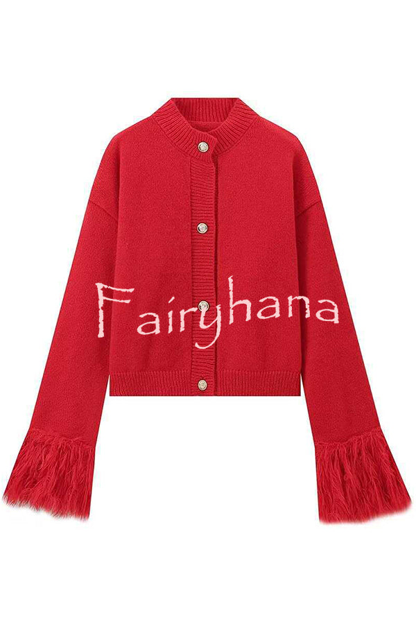 Solid Color Elegant Feather Long Sleeve Casual Knitted Cardigan