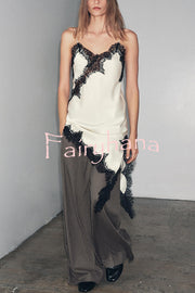 Satin Lace Trim V-neck Asymmetrical Hem Slip Mini Dress