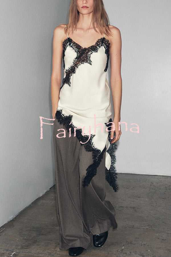 Satin Lace Trim V-neck Asymmetrical Hem Slip Mini Dress
