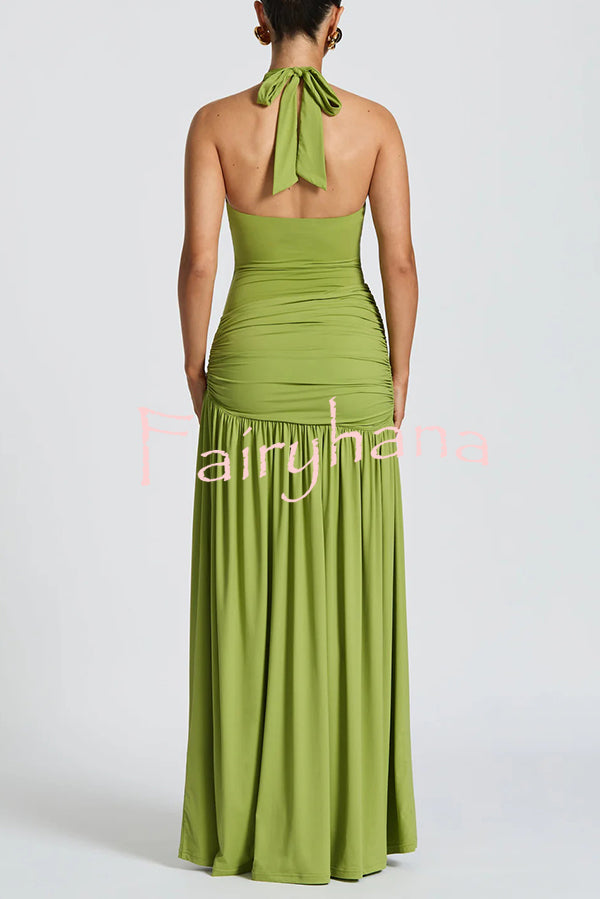 Solid Color Halter Neck Backless Slim Fit Pleated Slit Maxi Dress