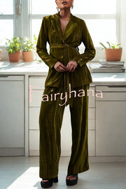 Solid Color Velvet Long-sleeved Waist Tie Top and Elastic Waist Casual Pocket Straight-leg Pants Set