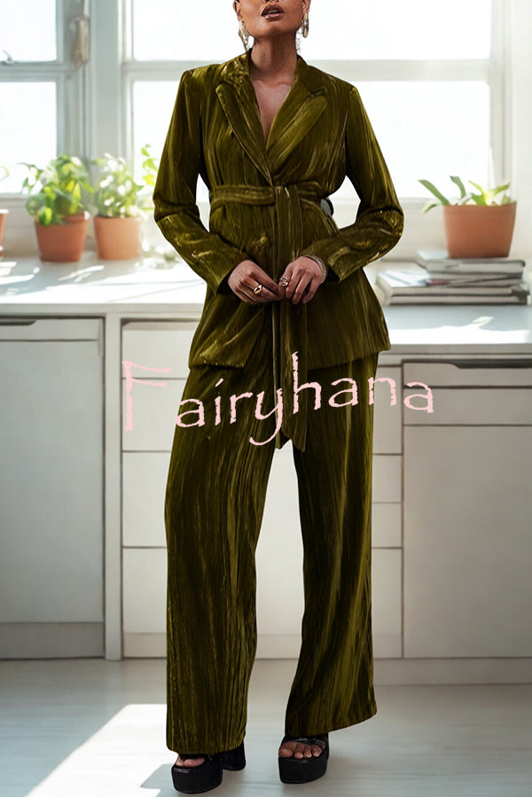 Solid Color Velvet Long-sleeved Waist Tie Top and Elastic Waist Casual Pocket Straight-leg Pants Set