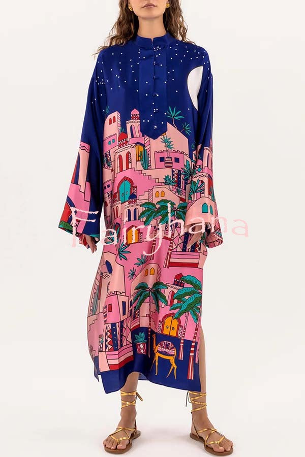 Seaside Stroll Satin Unique Print Button Up Long Sleeve Slit Kaftan Midi Dress