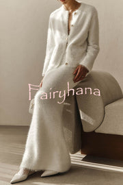 Solid Color Long-sleeved Button-pocket Knitted Jacket and Elegant Long Skirt Set