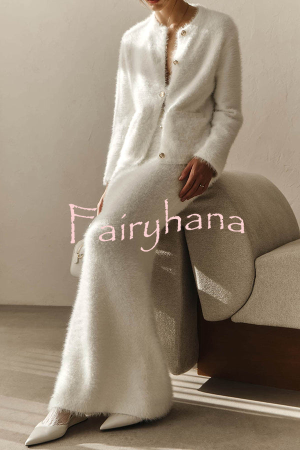 Solid Color Long-sleeved Button-pocket Knitted Jacket and Elegant Long Skirt Set