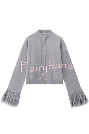 Solid Color Elegant Feather Long Sleeve Casual Knitted Cardigan