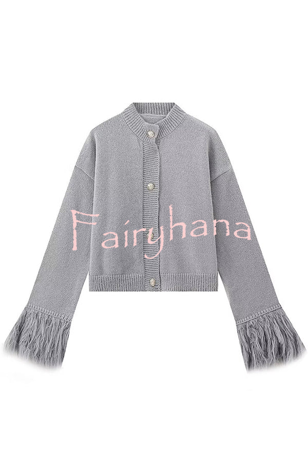 Solid Color Elegant Feather Long Sleeve Casual Knitted Cardigan