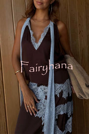 Sunday Social Contrast Color Satin Lace Trim Neck Strap Loose Tank