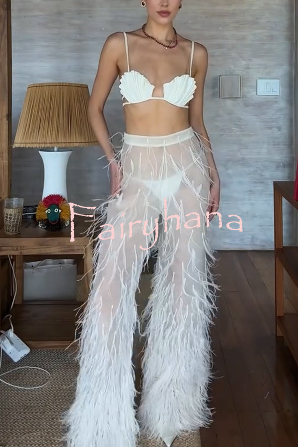 Braylie Sheer Tulle Tiered Feather Trim High Rise Wide Leg Pants