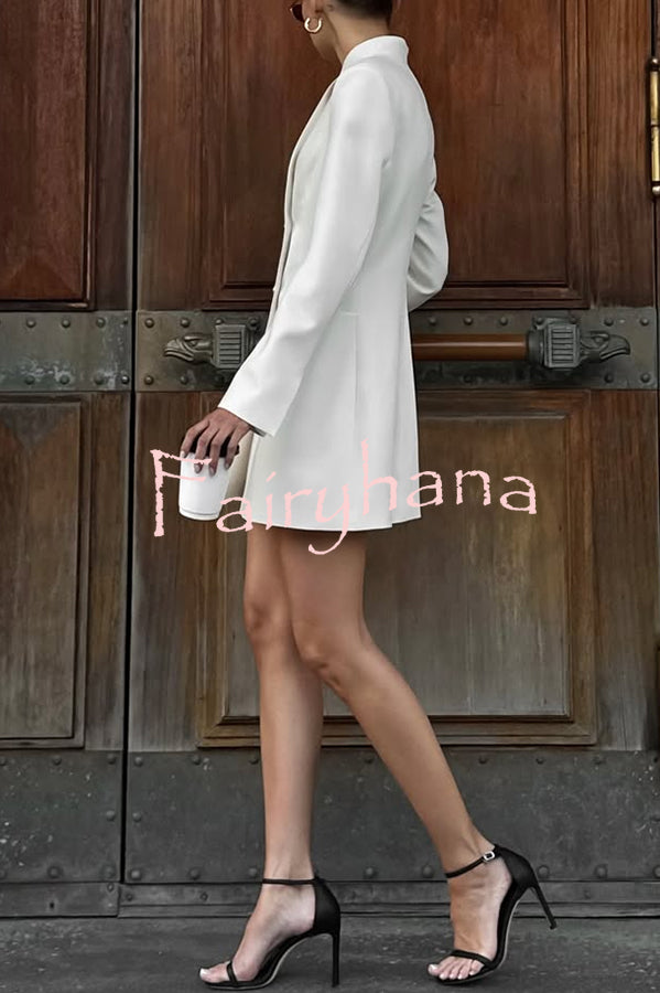 Kayleen Stand V-neck Decorative Metal Button Long Sleeve Pocket Blazer Mini Dress