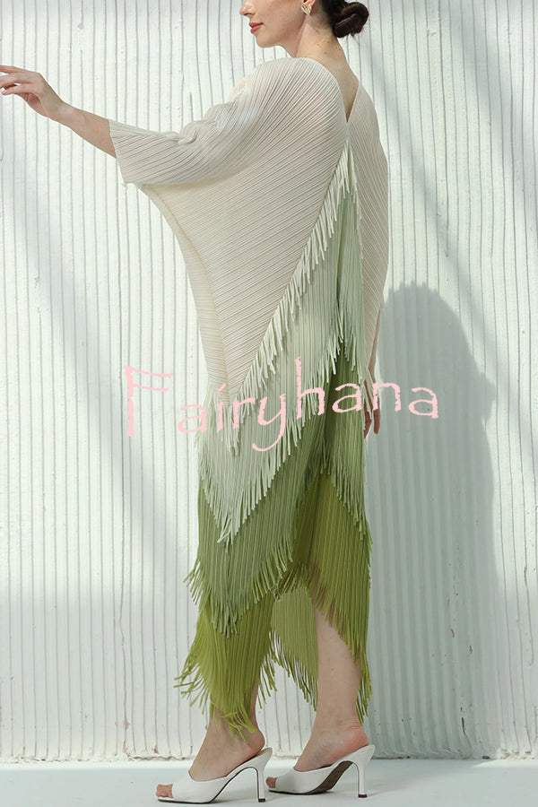 Fashionable Color-blocked Multi-layered Tassel Loose Midi Dress