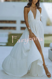 Laelia Linen Blend Halter Backless Slit Cover Up Maxi Dress