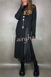 Solid Color Knitted Long-sleeved Casual Slit Midi Dress