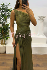 Fashion One-shoulder Pleated Ribbon Slim Slit Maxi Dress